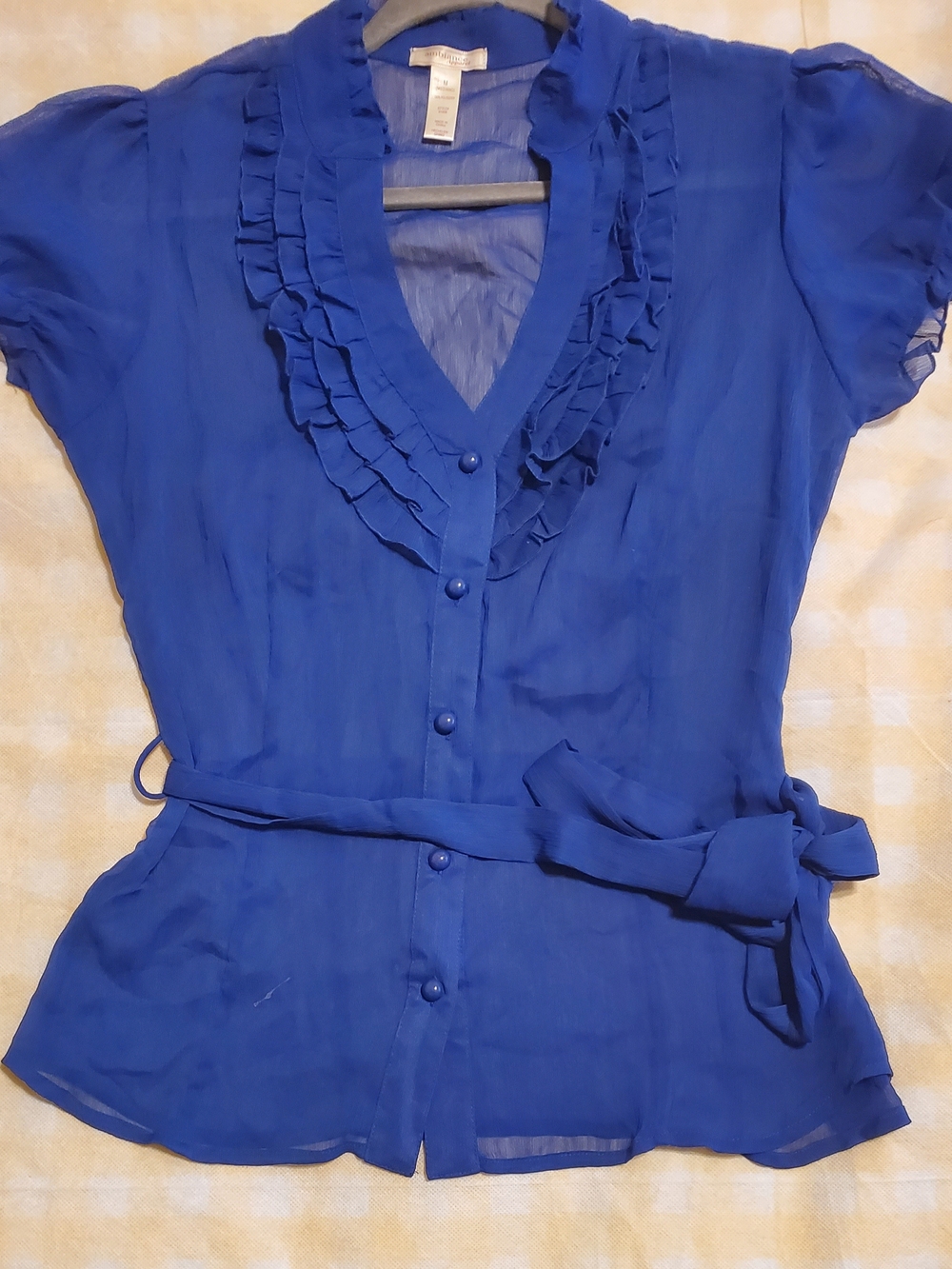 Ambiance Royal Blue Ruffle V-Neck Belted Blouse